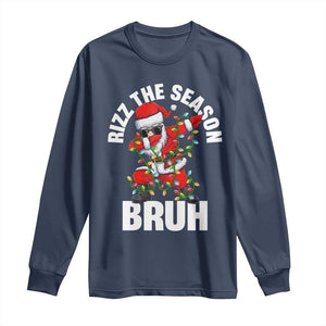 Funny Dabbing Santa Rizz Christmas Long Sleeve Shirt Rizz The Season Bruh Xmas Lights TS02 Navy Print Your Wear