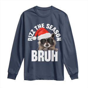 Funny Rizz Christmas Raccoon Long Sleeve Shirt Rizz The Season Bruh Santa Hat TS02 Navy Print Your Wear