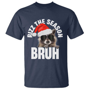 Funny Rizz Christmas Raccoon T Shirt Rizz The Season Bruh Santa Hat TS02 Navy Print Your Wear