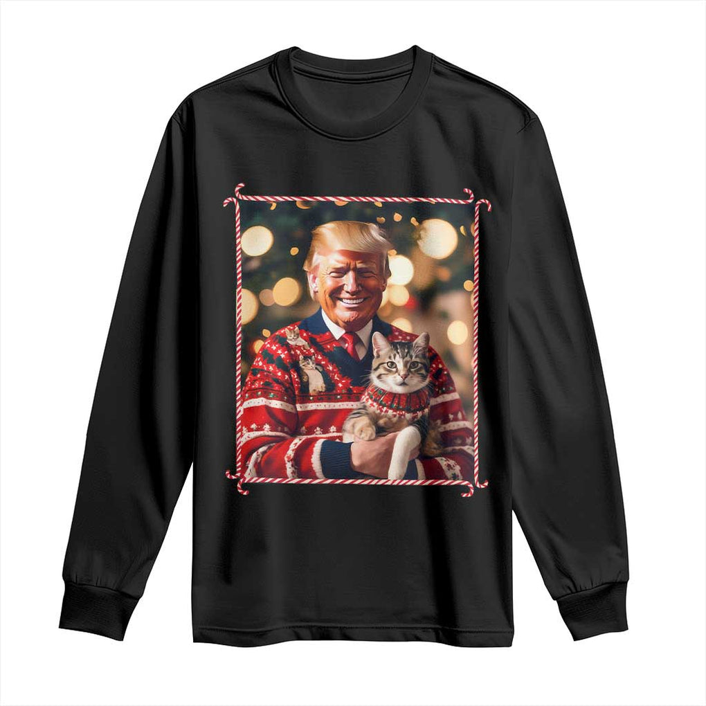 Christmas Trump With Cat Graphic Long Sleeve Shirt Classic Festive Xmas Vibe TS02 Black Print Your Wear