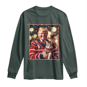 Christmas Trump With Cat Graphic Long Sleeve Shirt Classic Festive Xmas Vibe TS02 Dark Forest Green Print Your Wear