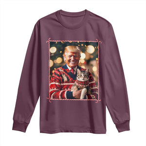 Christmas Trump With Cat Graphic Long Sleeve Shirt Classic Festive Xmas Vibe TS02 Maroon Print Your Wear