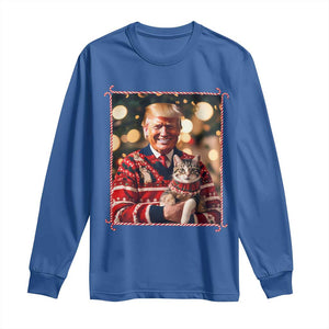 Christmas Trump With Cat Graphic Long Sleeve Shirt Classic Festive Xmas Vibe TS02 Royal Blue Print Your Wear