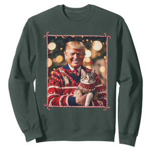 Christmas Trump With Cat Graphic Sweatshirt Classic Festive Xmas Vibe TS02 Dark Forest Green Print Your Wear