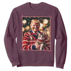 Christmas Trump With Cat Graphic Sweatshirt Classic Festive Xmas Vibe TS02 Maroon Print Your Wear