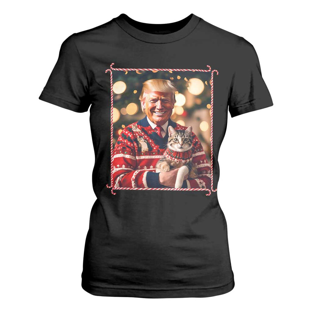 Christmas Trump With Cat Graphic T Shirt For Women Classic Festive Xmas Vibe TS02 Black Print Your Wear