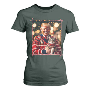 Christmas Trump With Cat Graphic T Shirt For Women Classic Festive Xmas Vibe TS02 Dark Forest Green Print Your Wear