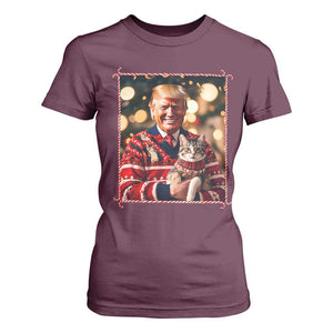 Christmas Trump With Cat Graphic T Shirt For Women Classic Festive Xmas Vibe TS02 Maroon Print Your Wear