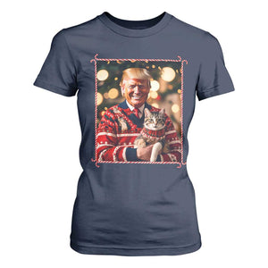 Christmas Trump With Cat Graphic T Shirt For Women Classic Festive Xmas Vibe TS02 Navy Print Your Wear