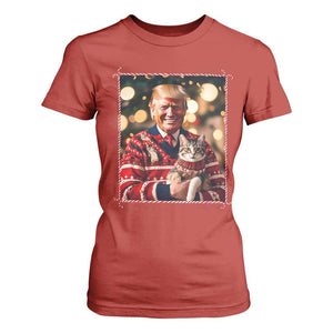 Christmas Trump With Cat Graphic T Shirt For Women Classic Festive Xmas Vibe TS02 Red Print Your Wear