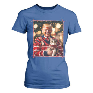 Christmas Trump With Cat Graphic T Shirt For Women Classic Festive Xmas Vibe TS02 Royal Blue Print Your Wear