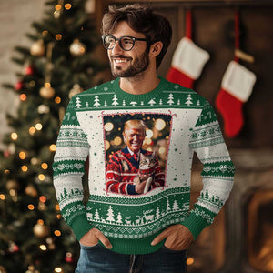 Xmas Trump With Cat Graphic Ugly Christmas Sweater Classic Festive Xmas Vibe TS02 Green Print Your Wear