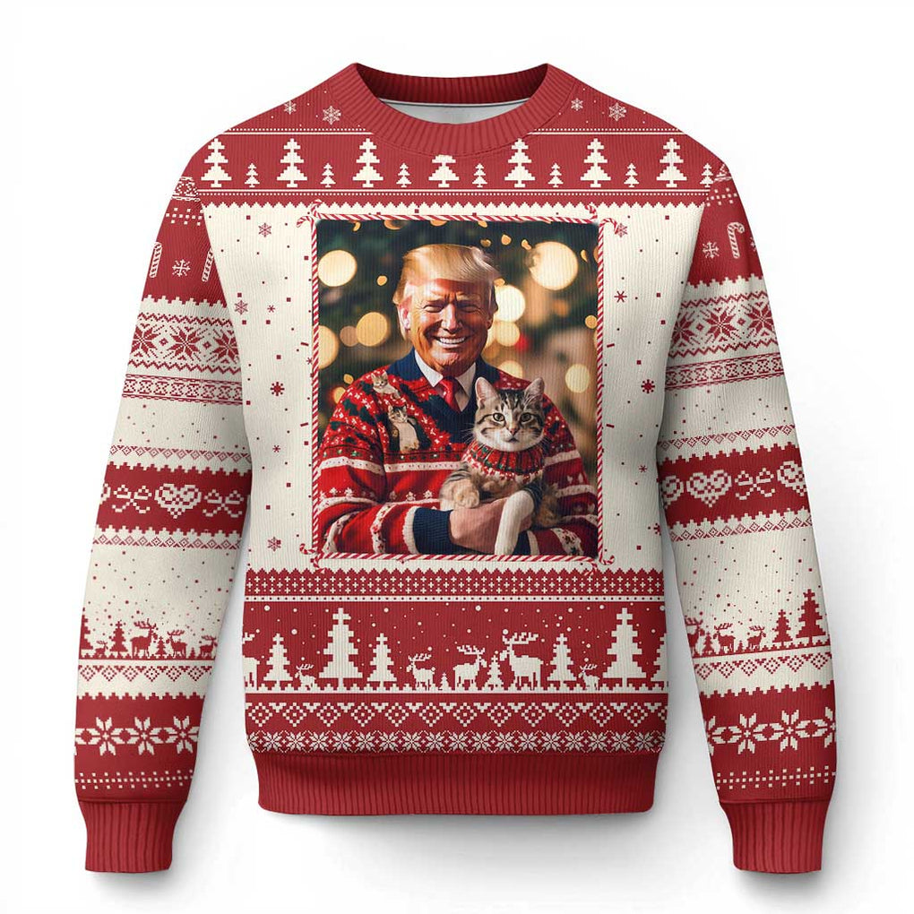 Xmas Trump With Cat Graphic Ugly Christmas Sweater Classic Festive Xmas Vibe TS02 Red Print Your Wear