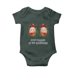 Funny Christmas Chest Joke Baby Onesie Stop Staring At My Reindeers Merry Titmas Boobs TS02 Dark Forest Green Print Your Wear