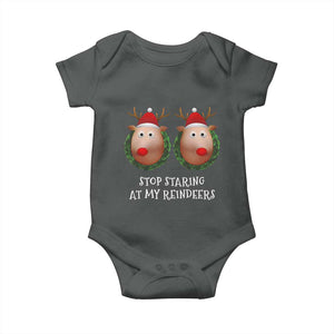 Funny Christmas Chest Joke Baby Onesie Stop Staring At My Reindeers Merry Titmas Boobs TS02 Dark Heather Print Your Wear