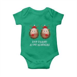 Funny Christmas Chest Joke Baby Onesie Stop Staring At My Reindeers Merry Titmas Boobs TS02 Irish Green Print Your Wear