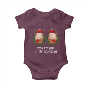 Funny Christmas Chest Joke Baby Onesie Stop Staring At My Reindeers Merry Titmas Boobs TS02 Maroon Print Your Wear