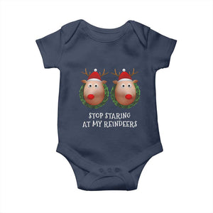 Funny Christmas Chest Joke Baby Onesie Stop Staring At My Reindeers Merry Titmas Boobs TS02 Navy Print Your Wear