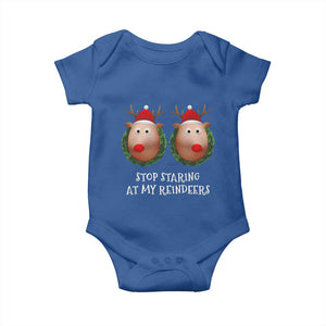 Funny Christmas Chest Joke Baby Onesie Stop Staring At My Reindeers Merry Titmas Boobs TS02 Royal Blue Print Your Wear