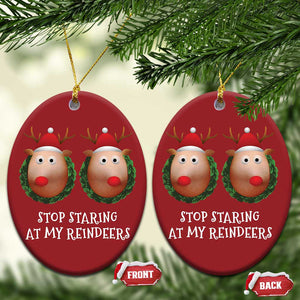 Funny Xmas Chest Joke Christmas Ornament Stop Staring At My Reindeers Merry Titmas Boobs TS02 Oval Red Print Your Wear