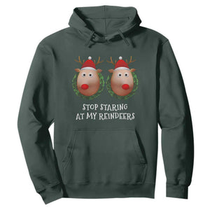 Funny Christmas Chest Joke Hoodie Stop Staring At My Reindeers Merry Titmas Boobs TS02 Dark Forest Green Print Your Wear