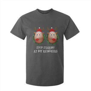 Funny Christmas Chest Joke T Shirt For Kid Stop Staring At My Reindeers Merry Titmas Boobs TS02 Dark Heather Print Your Wear