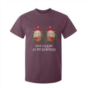 Funny Christmas Chest Joke T Shirt For Kid Stop Staring At My Reindeers Merry Titmas Boobs TS02 Maroon Print Your Wear