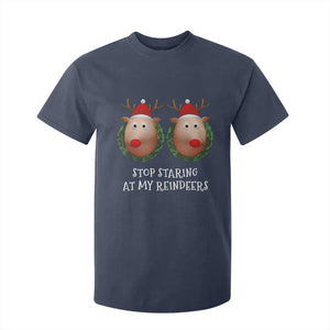 Funny Christmas Chest Joke T Shirt For Kid Stop Staring At My Reindeers Merry Titmas Boobs TS02 Navy Print Your Wear