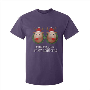 Funny Christmas Chest Joke T Shirt For Kid Stop Staring At My Reindeers Merry Titmas Boobs TS02 Purple Print Your Wear