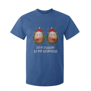 Funny Christmas Chest Joke T Shirt For Kid Stop Staring At My Reindeers Merry Titmas Boobs TS02 Royal Blue Print Your Wear