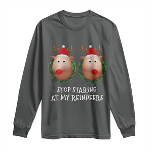 Funny Christmas Chest Joke Long Sleeve Shirt Stop Staring At My Reindeers Merry Titmas Boobs TS02 Dark Heather Print Your Wear