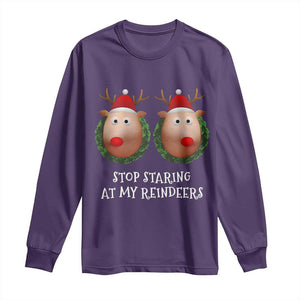 Funny Christmas Chest Joke Long Sleeve Shirt Stop Staring At My Reindeers Merry Titmas Boobs TS02 Purple Print Your Wear