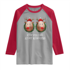 Funny Christmas Chest Joke Raglan Shirt Stop Staring At My Reindeers Merry Titmas Boobs TS02 Sport Gray Red Print Your Wear