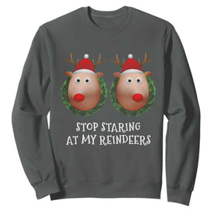 Funny Christmas Chest Joke Sweatshirt Stop Staring At My Reindeers Merry Titmas Boobs TS02 Dark Heather Print Your Wear