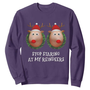 Funny Christmas Chest Joke Sweatshirt Stop Staring At My Reindeers Merry Titmas Boobs TS02 Purple Print Your Wear