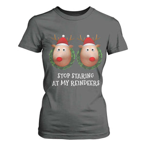 Funny Christmas Chest Joke T Shirt For Women Stop Staring At My Reindeers Merry Titmas Boobs TS02 Dark Heather Print Your Wear