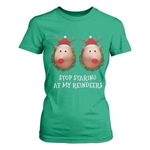 Funny Christmas Chest Joke T Shirt For Women Stop Staring At My Reindeers Merry Titmas Boobs TS02 Irish Green Print Your Wear