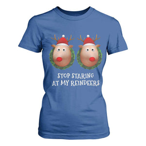 Funny Christmas Chest Joke T Shirt For Women Stop Staring At My Reindeers Merry Titmas Boobs TS02 Royal Blue Print Your Wear