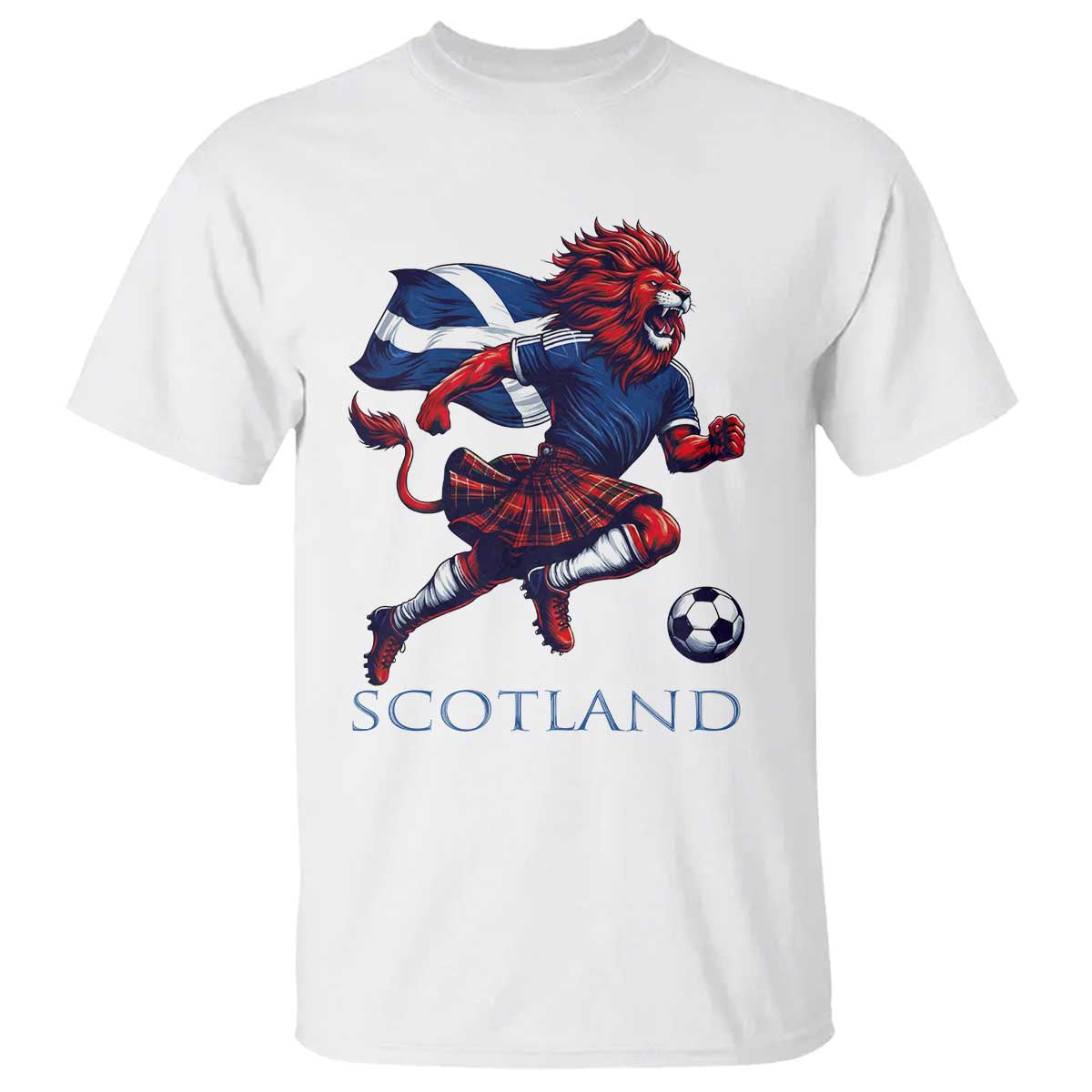 Scottish Lion Football T Shirt Brave Lion in Kilt with Flag Cape Pride TS02 White Print Your Wear