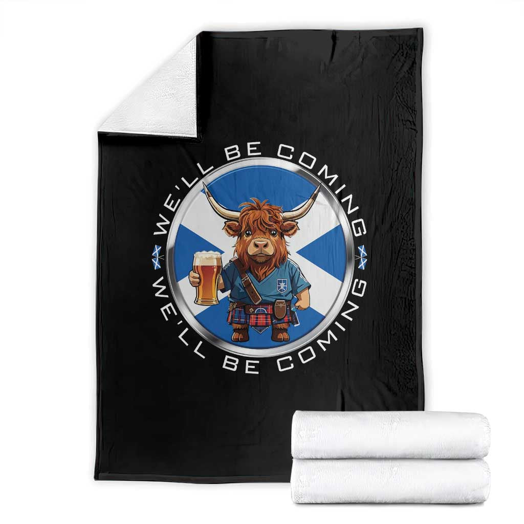 Funny Highland Cow in Kilt Drinking Throw Blanket We'll Be Coming Scottish Pride Football Fans TS02 Black Print Your Wear