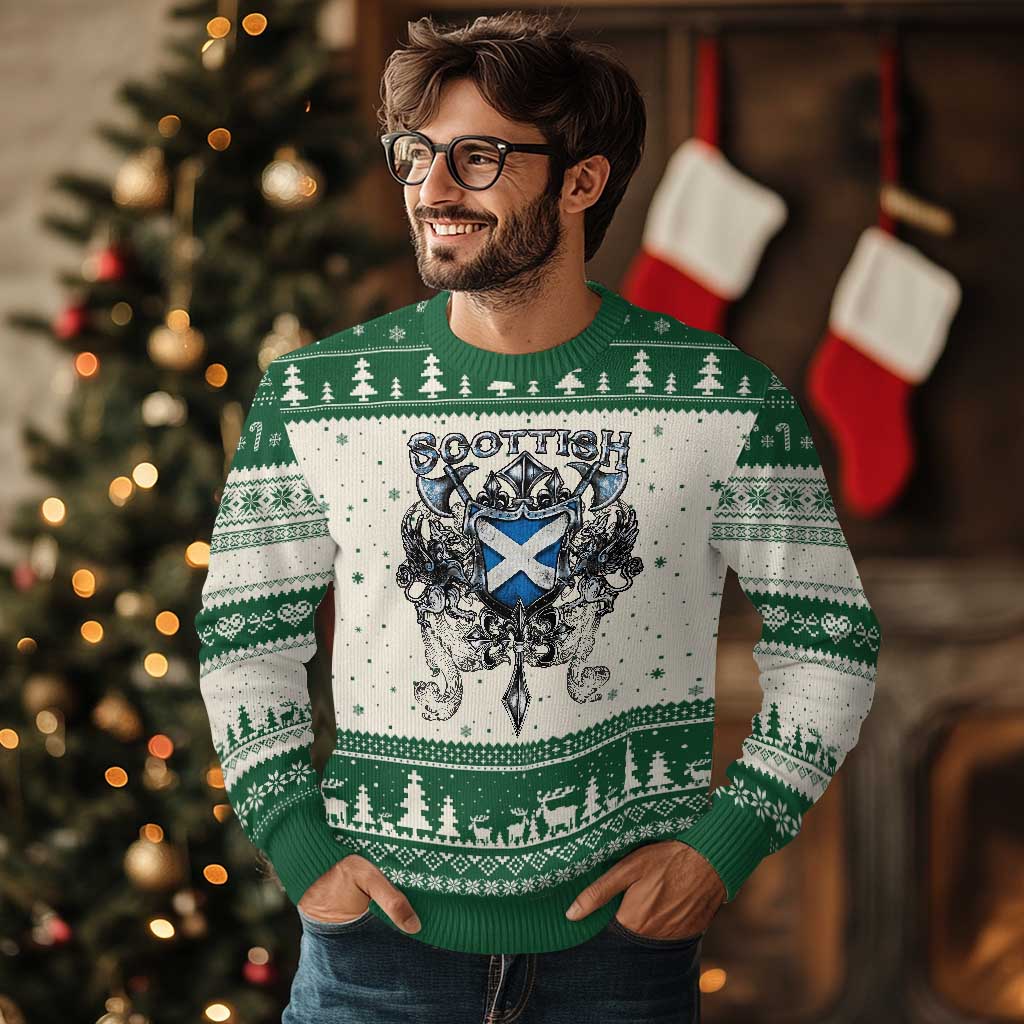Scottish Heritage Crest Gothic Ugly Christmas Sweater Medieval Flag and Sword Celtic Pride TS02 Beige Green Print Your Wear