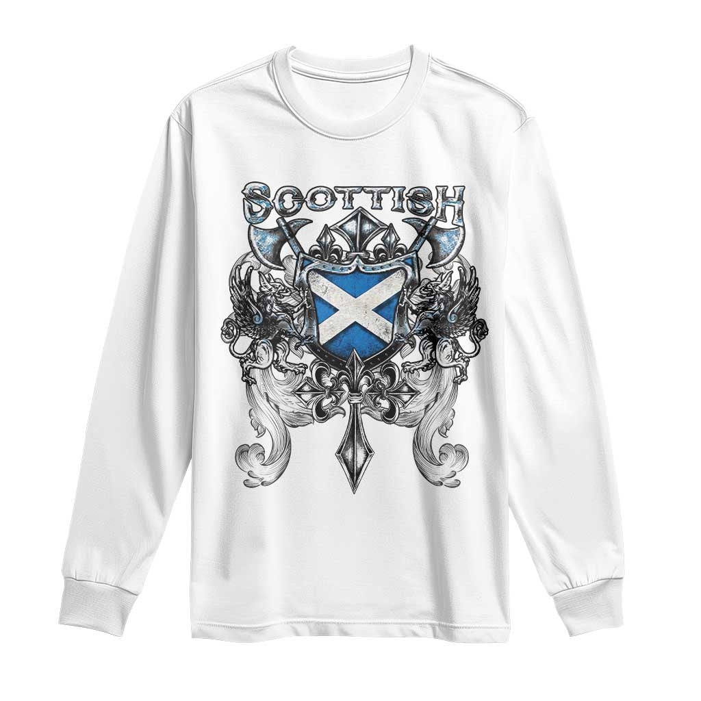 Scottish Heritage Crest Gothic Long Sleeve Shirt Medieval Flag and Sword Celtic Pride TS02 White Print Your Wear