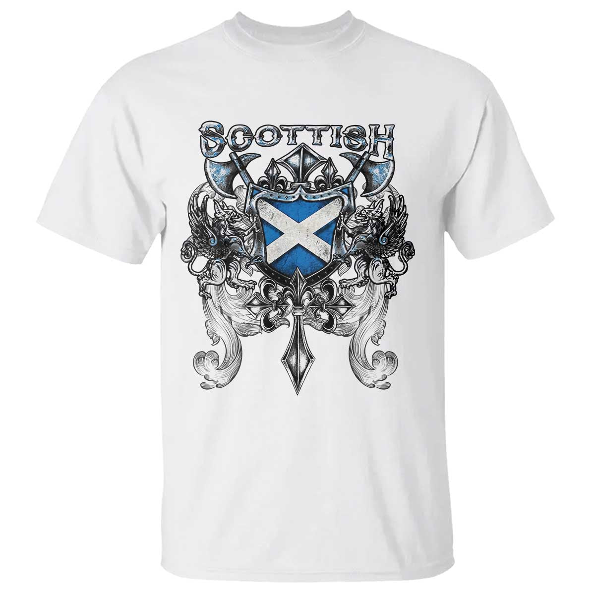 Scottish Heritage Crest Gothic T Shirt Medieval Flag and Sword Celtic Pride TS02 White Print Your Wear