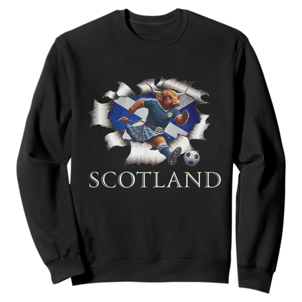 Funny Highland Cow in Kilt Footballer Sweatshirt We'll Be Coming Scottish Pride Football Fans TS02 Black Print Your Wear