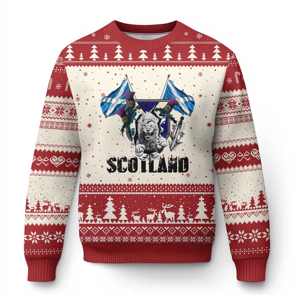 Roaring Scottish Lion Crest Ugly Christmas Sweater Thistle Scotland Flag Emblem for Brave Highlanders TS02 Beige Red Print Your Wear