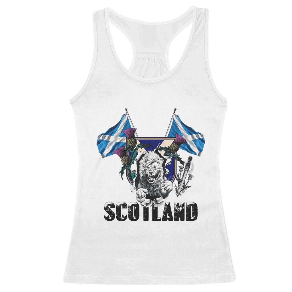 Roaring Scottish Lion Crest Racerback Tank Top Thistle Scotland Flag Emblem for Brave Highlanders TS02 White Print Your Wear