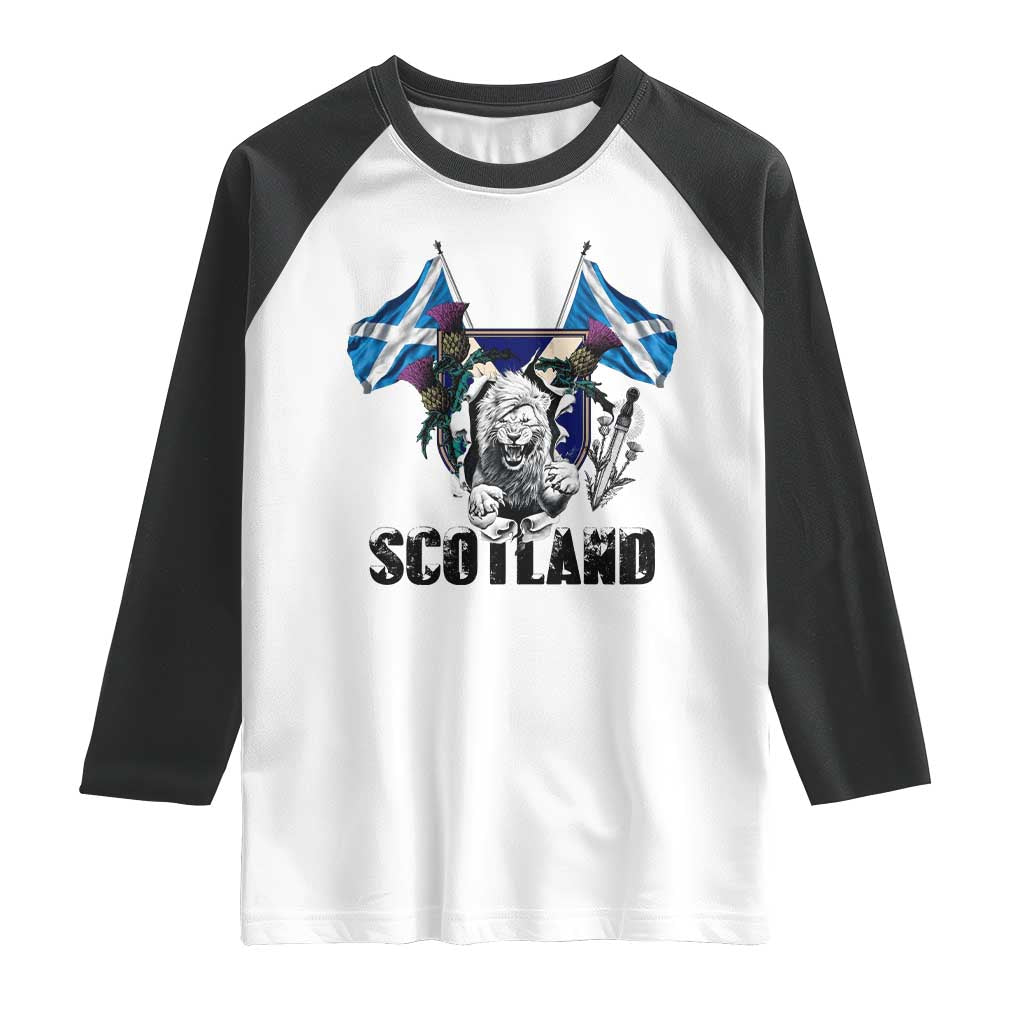 Roaring Scottish Lion Crest Raglan Shirt Thistle Scotland Flag Emblem for Brave Highlanders TS02 White Black Print Your Wear