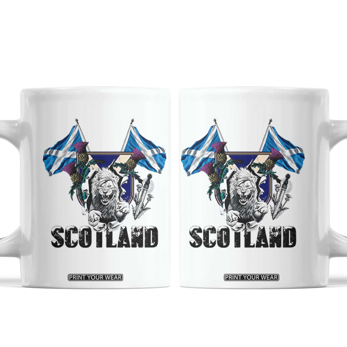 Roaring Scottish Lion Crest Coffee Mug Thistle Scotland Flag Emblem for Brave Highlanders TS02 White Print Your Wear