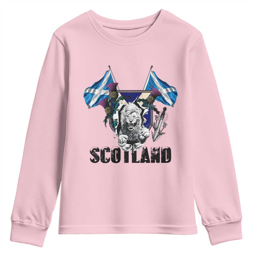 Roaring Scottish Lion Crest Youth Sweatshirt Thistle Scotland Flag Emblem for Brave Highlanders TS02 Light Pink Print Your Wear