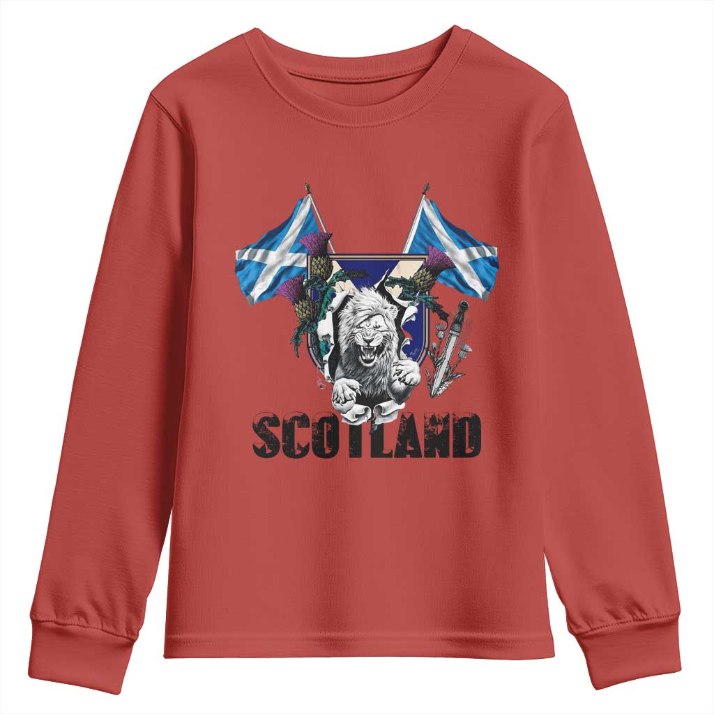 Roaring Scottish Lion Crest Youth Sweatshirt Thistle Scotland Flag Emblem for Brave Highlanders TS02 Red Print Your Wear